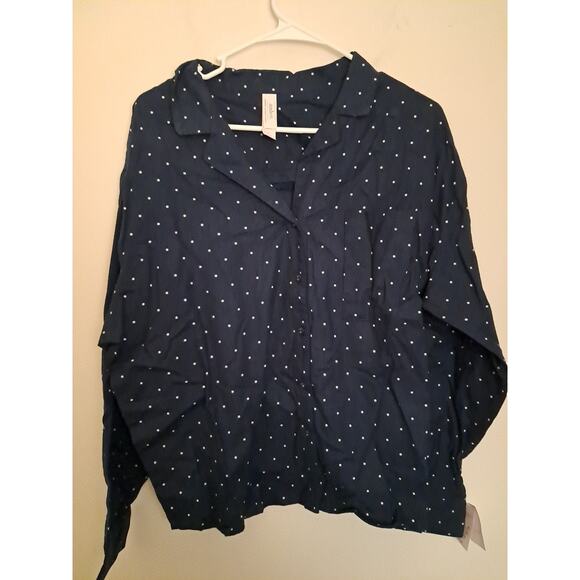 Pajama Set Flannel Long Sleeve Top Shorts 2 pc Auden Polka Dot Navy Large New - Picture 3 of 11